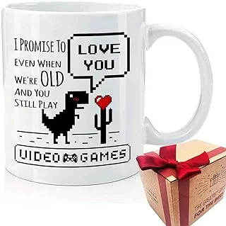 I Promise To Love You Even When We're Old And You Still Play Video Game, Lovely Dinosaur Illustration, Funny Gamer Gifts, Nerdy Wedding Novelty Gift Coffee Mug for Boyfriend Girlfriend Husband Wife