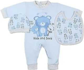 Papillon Cotton Set Of 3 Pieces Long Sleeves Bodysuit,Bib&Hat Printed Animals For Boys-Baby Blue&Grey-New Born