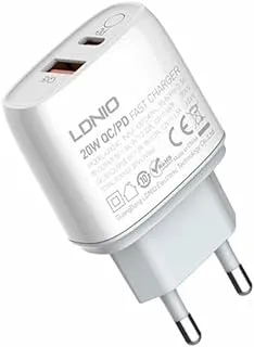 LDNIO A2424C شاحن سريع 20 وات مع 2 منفذ PD+QC3.0، زر تشغيل، شريحة ذكية، مع كابل Lightning - أبيض