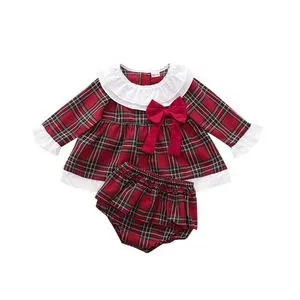 Fashion Newborn Baby Girl XMAS Costumes Plaid Pattern Long Sleeve 2PCS Suit Set