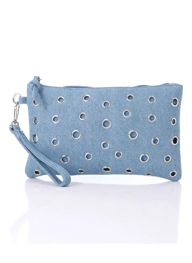 DejaVu Perforated Light Blue Denim Casual Zipper Closure Clutch