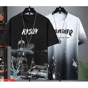 Fashion 2pcs Loose Tee Shirt Summer Round Neck Men's Short Sleeve Oversized T-Shirt