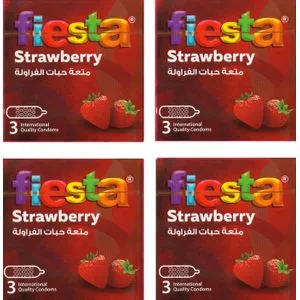 Fiesta Strawberry Condoms Dotted & Flavored 4 Packs Of 3 Condoms