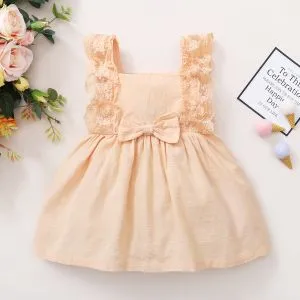 Fashion 1-4Y Kid Girls Summer Lace Patchwork Sleeveless Dress -Beige