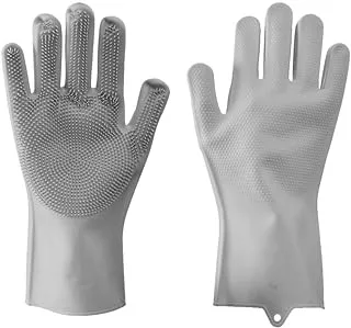 1 Pair Silicone Brush Gloves Heat Resistant Reusable Cleaning Gloves for Dishwashing Car Wash Animal Hair Care - Grey