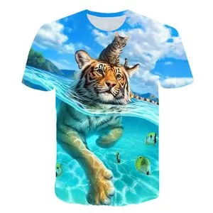 Fashion T-Shirt Men Summer   3D Animal Cat /Tiger Wolf Print Cool Funny Tops T Shirt Men O Neck Short Sleeve Fashion Male S-4xl-BT-21125