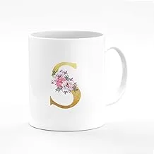 Stylizedd Designer Printed Coffee Mug 11oz Ceramic Personalised Gift Mugs Cup -Custom Monogram Initial Letter Floral Pattern Alphabet - S (White)