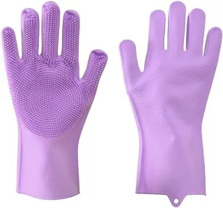 1 Pair Silicone Brush Gloves Heat Resistant Reusable Cleaning Gloves for Dishwashing Car Wash Animal Hair Care - Purple