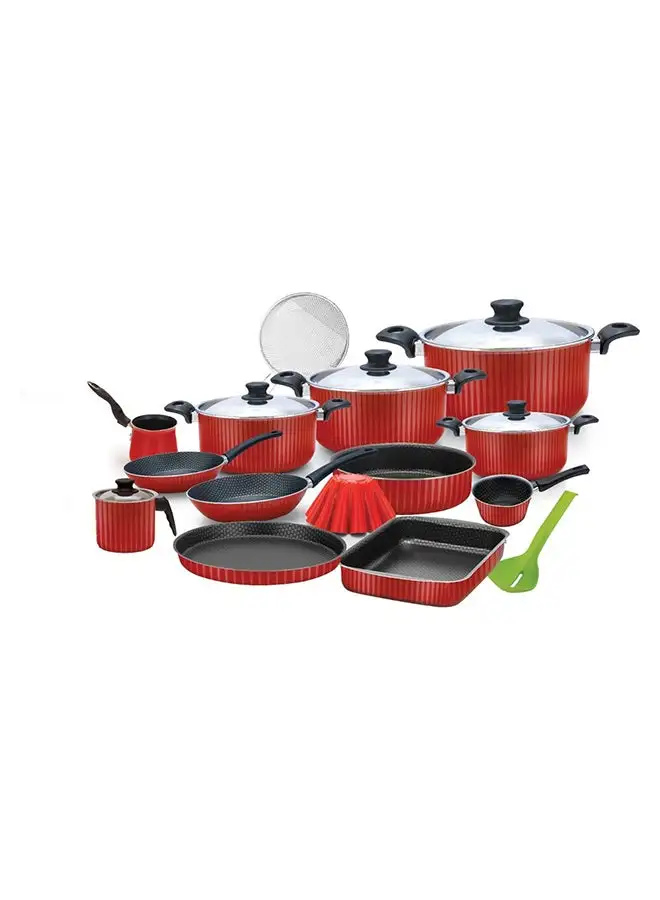 TRUEVAL 20 Pieces Trueval Set (Pot 16 - 18 - 20 - 28 - Frying Pan 16 - 24 - Casserole 25 - Pizza 24 - Labneh 14 - Oven Tray 22 - Casserole 14 - Cake 4 - Brioche 12 - Browning Grid - Distribution Tray) - Red