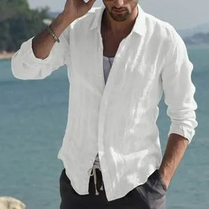 Fashion Men's Solid Color Cotton Casual Shirts Cotton Linen Long Sleeve Shirts-White