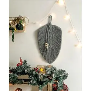 Macrame Wall Hanging, Feather Leaf, Grey Boho Decor