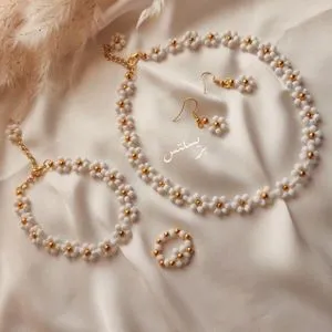 Bracelets 4Pcs Necklace, Earring, Bracelets And Ring White And Gold