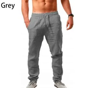 Fashion (Gray)Men's Cotton Linen Pants Male Summer Breathable Solid Loose Color Linen Trousers Casual Streetwear Elastic Waist Exercise Pant OM