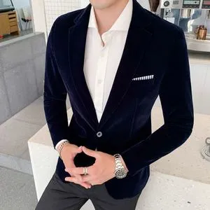 Fashion (Navy Blue)2022 New Gold Velvet High-end Brand Formal Business Men's Slim Blazer Social Groom Wedding Show Stage Party Suit Jacket WEF