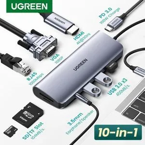 Ugreen USB C HUB 10in1 Type C إلى HDMI 4K USB 3.0 VGA PD 3.5mm Gigabit Ethernet - رمادي