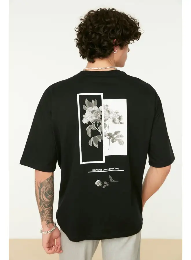 trendyol Men's Black Oversize/Wide-Fit Crew Neck Floral Printed Short Sleeve  T-Shirt