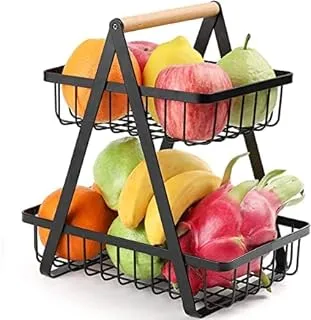 2-Tier Countertop Fruit Basket فاكهة السلطانية سلة الخبز حامل الخضار لتخزين المطبخ ، أسود