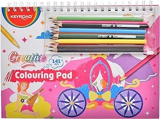 Keyroad KR972519 High Quality Colouring Pad of 141 PCS (30 Drawing Sheet, 99 Stickers and 12 Colour Pencils) for Kids and Students - Multi Color