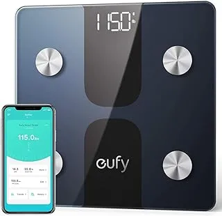 مقياس eufy الذكي C1 مع بلوتوث، مقياس دهون الجسم، ميزان حمام رقمي لاسلكي، 15 قياسًا، الوزن/دهون الجسم/مؤشر كتلة الجسم، تحليل تكوين الجسم للياقة البدنية، أسود/أبيض، رطل/كجم