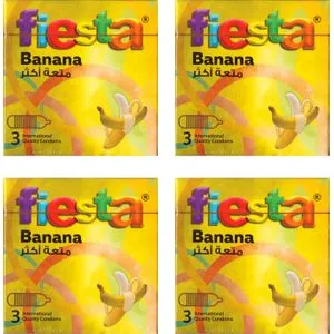 Fiesta Banana Condoms - Ribbed & Flavored - 4 Packs Of 3