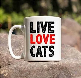 Partyzon Ceramic Live Laugh Cats Printed Mug White Tea Milk and Coffee Cup and Mug for Kids Friends, 350 Ml