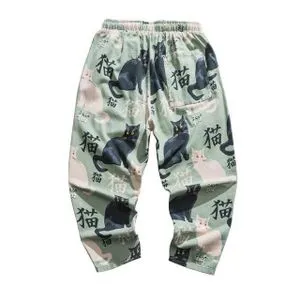 Stylish Men Summer Sweatpants Cat Print Men Trousers Drawstring Mid Waist Spring Ninth Pants Dress-Up