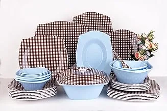 Pure 136379 Set Of 38 Pieces Of Melamine Checks Square Plates Elegant Design For Home And Restaurant - Brown Baby Blue