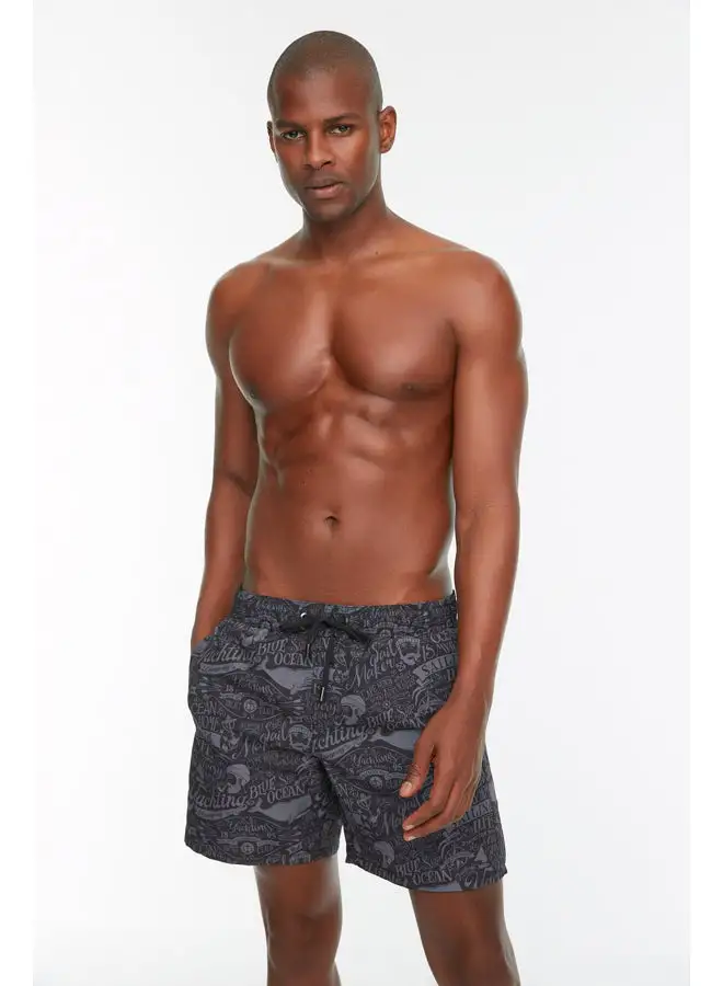 trendyol Black Men's Text Printed Standard Size Swimsuit Swim Shorts