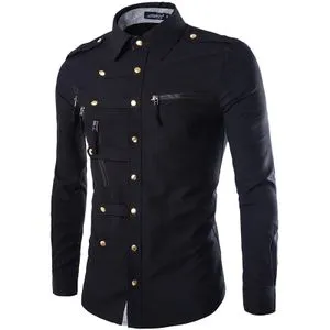 Fashion (black)New Arrival Spring/Autumn Men Long Sleeve Cargo Shirt Casual Slim Fit Fashion Epaulet Double Pocket Mens Dress Shirt M L XL XXL SMA