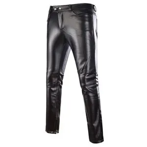 Casual Faux Leather Pants Men Solid Color Faux Leather On Skinny Pants Motorcycle Club Trors Gym Pants Elastic Sweatpants