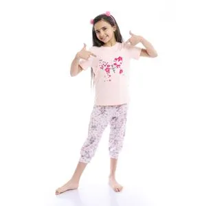 Red Cotton Girls Printed Ballerina Tee & Pants Pajama Set