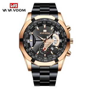 Va Va Voom Men's Sport Watches Fashion Stainless Steel Waterproof Calendar Quartz Black+Rose Gold