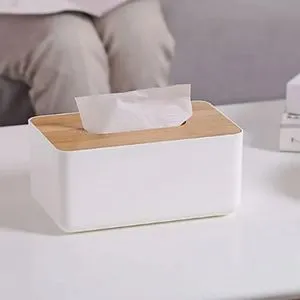 Plastic Tissue Box Holder With Bamboo Wooden Lid.