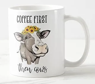 Vixar Coffee First Then Cows Coloured Mug Cup Gift Birthday Work Office Christmas Tea Coffee (White)