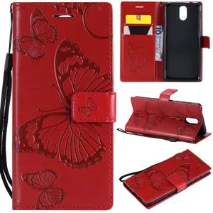 For  Nokia 3.1 Casing,Premium Emboss Butterfly Pattern Flip Wallet Shell PU Leather Magnetic Cover Skin Wrist Strap Case