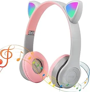 Bluetooth Wireless Headphones for Kids, Cat Ear LED Light Headphones with Microphone, Over Ear Headphones Stereo Children Headset TF Card/Wired Foldable Earphones for Girls Boys Gift Age 7+ Grey