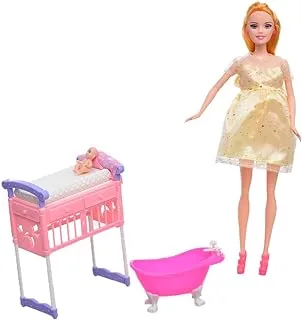 Plastic Pretty Pregnant Doll With Baby Bathtub And Shower Equipment For Girls Set Of 14 Pieces - Multi Color