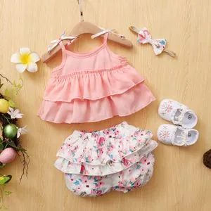 Fashion Baby Girls Summer Clothing Set Flamingo Design Tank Tops With Ruffle Shorts