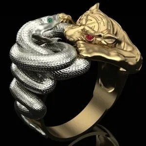 Fashion Creative 3D Three-dimensional Punk Tiger Snake Fight Men's Ring