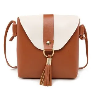 Fashion PU Leather Women Bucket Shoulder Bag Fashion Panelled Tassel Crossbody Bag Female Messenger Bag Small Handbags(Brown)