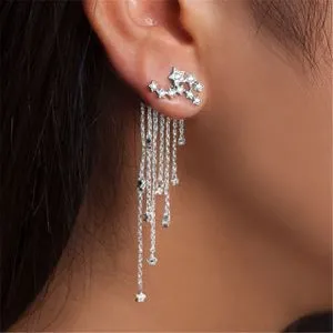 Women Fashion Star Streamlined Tassel Long Crystal Earrings(Silver)