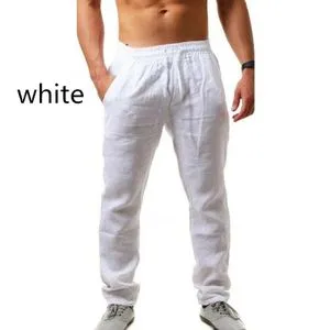 Fashion (White)Men's Cotton Linen Pants Male Summer Breathable Solid Loose Color Linen Trousers Casual Streetwear Elastic Waist Exercise Pant OM