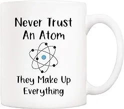 5Aup Christmas Gifts Funny Science Teacher Coffee Mug, Never Trust an Atom They Make Up Everything Cups 11 Oz, Unique Birthday and Holiday Gifts for Science Chemisty