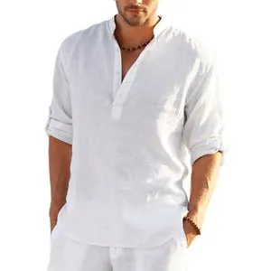 Fashion Men's Linen Long Sleeve Cotton Shirt Solid Casual - White