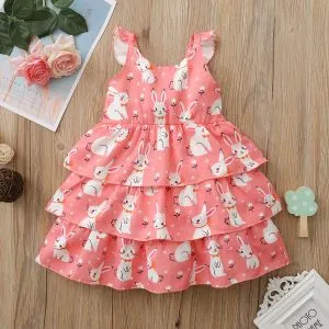 Fashion 1-6Y Kid Girls Cute Cartoon Rabbit Princess Dress Multi-layer Partywear