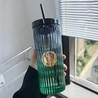 Glass Mug Iced Coffee Cups, Cups with Lids and -Coloured Glasses with Handle, Clear High Glass Canned Cups for Water (green)