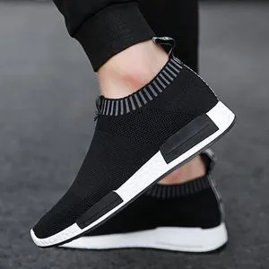 Men Athletic Running Shoes Knitting Slip On Sneakers-Black