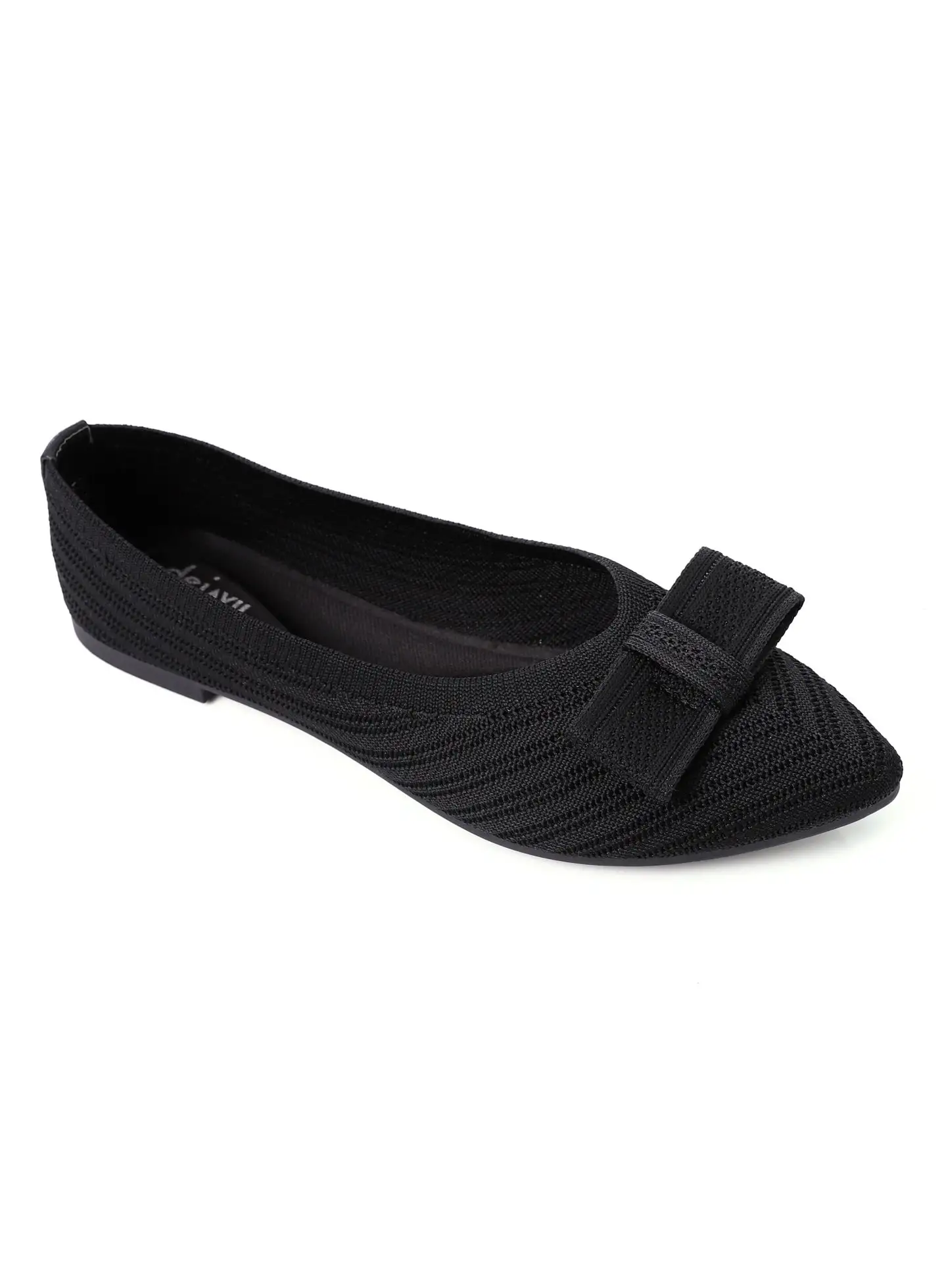 DejaVu Stitching Details & Front Bow Slip On Flats - Black