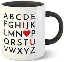 Chiraiyaa Creative I Love You Alphabets Red Heart Inner Black Printed with Black Handle Ceramic Mug - 300 ml