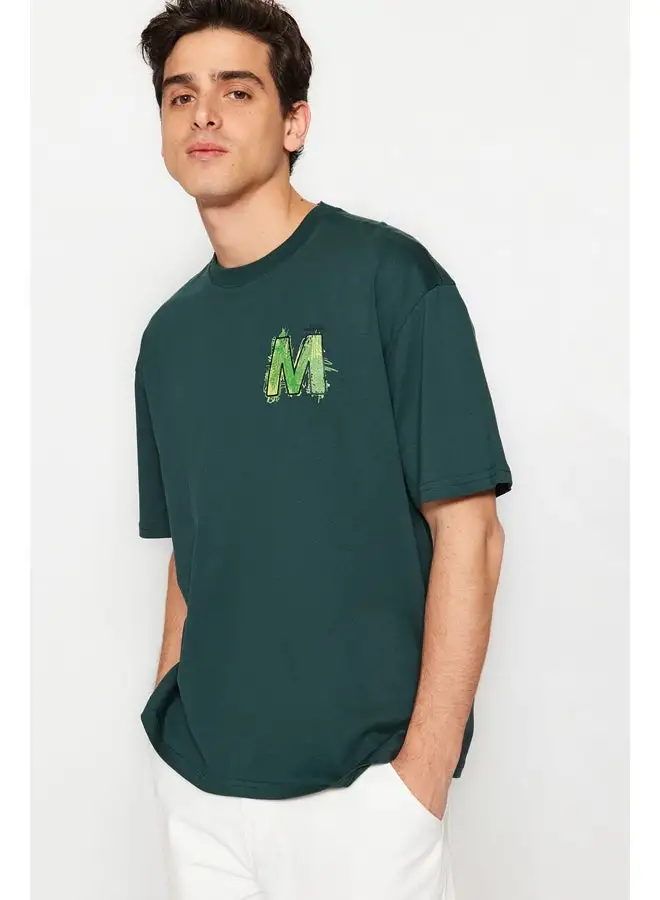 trendyol Emerald Green Men's Relaxed/Comfortable Cut Short Sleeve Text Printed  T-Shirt